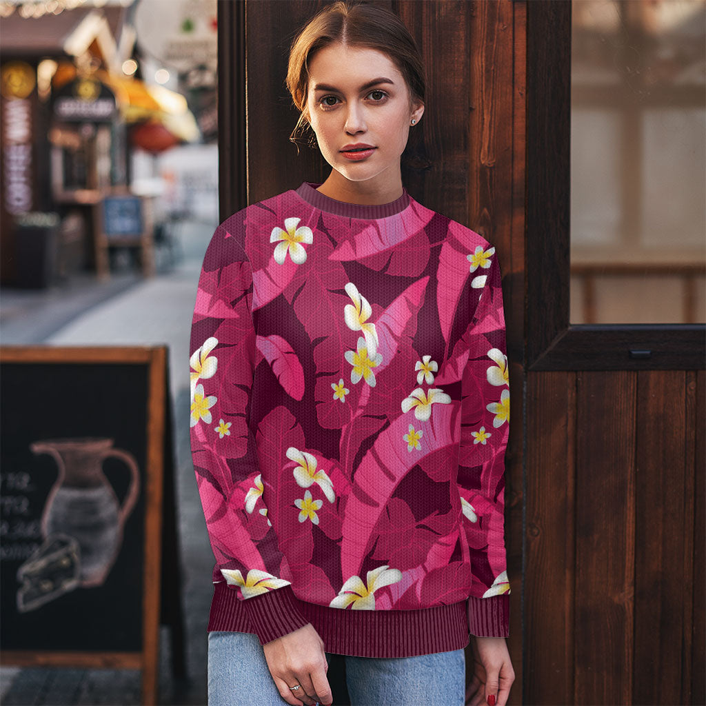 Pink Banana Leaf Hawaii Ugly Christmas Sweater Lau Maia Plumeria Tropical Summer Vibes LT14 - Polynesian Pride