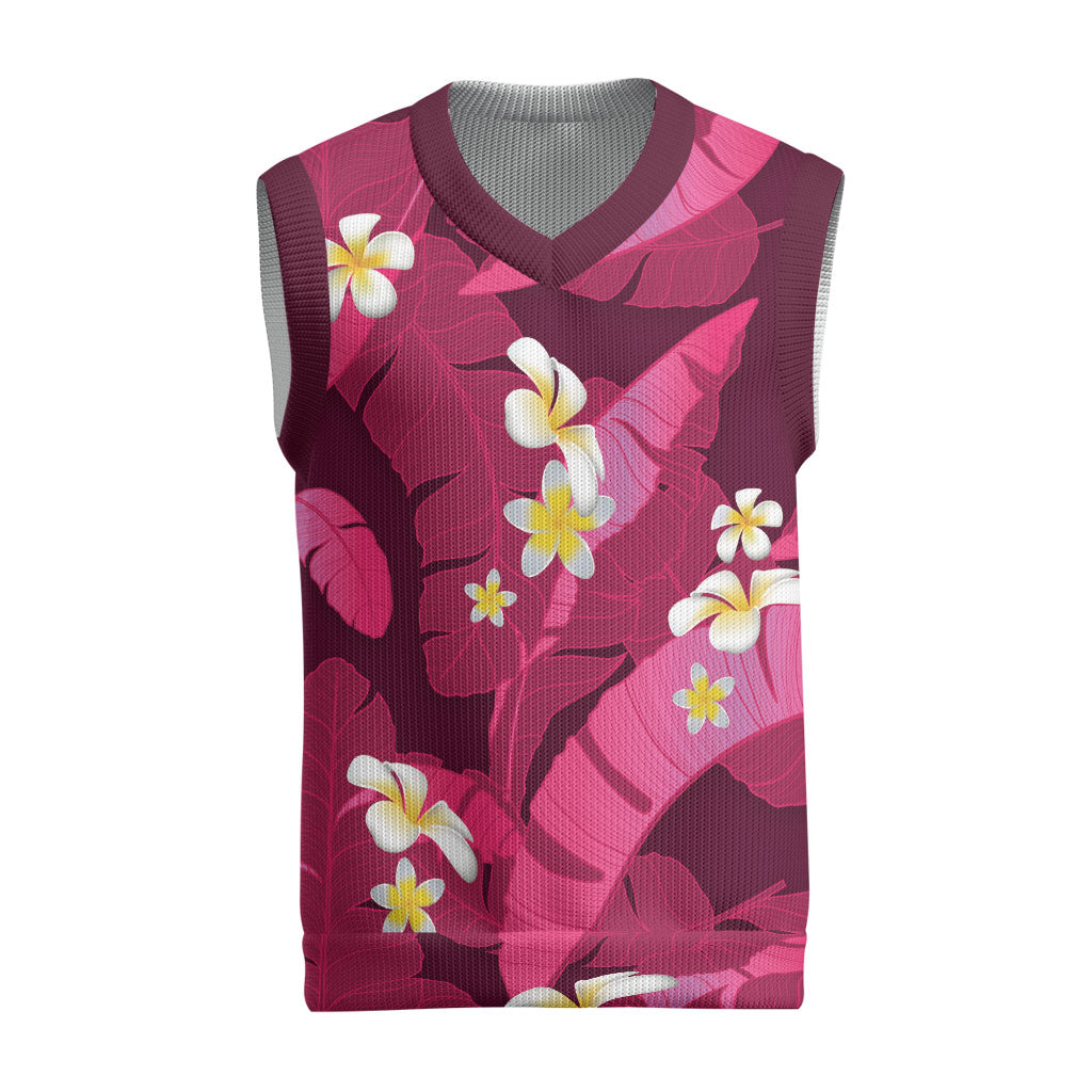 Pink Banana Leaf Hawaii Christmas Knitted V-Neck Vest Lau Maia Plumeria Tropical Summer Vibes LT14 Pink - Polynesian Pride