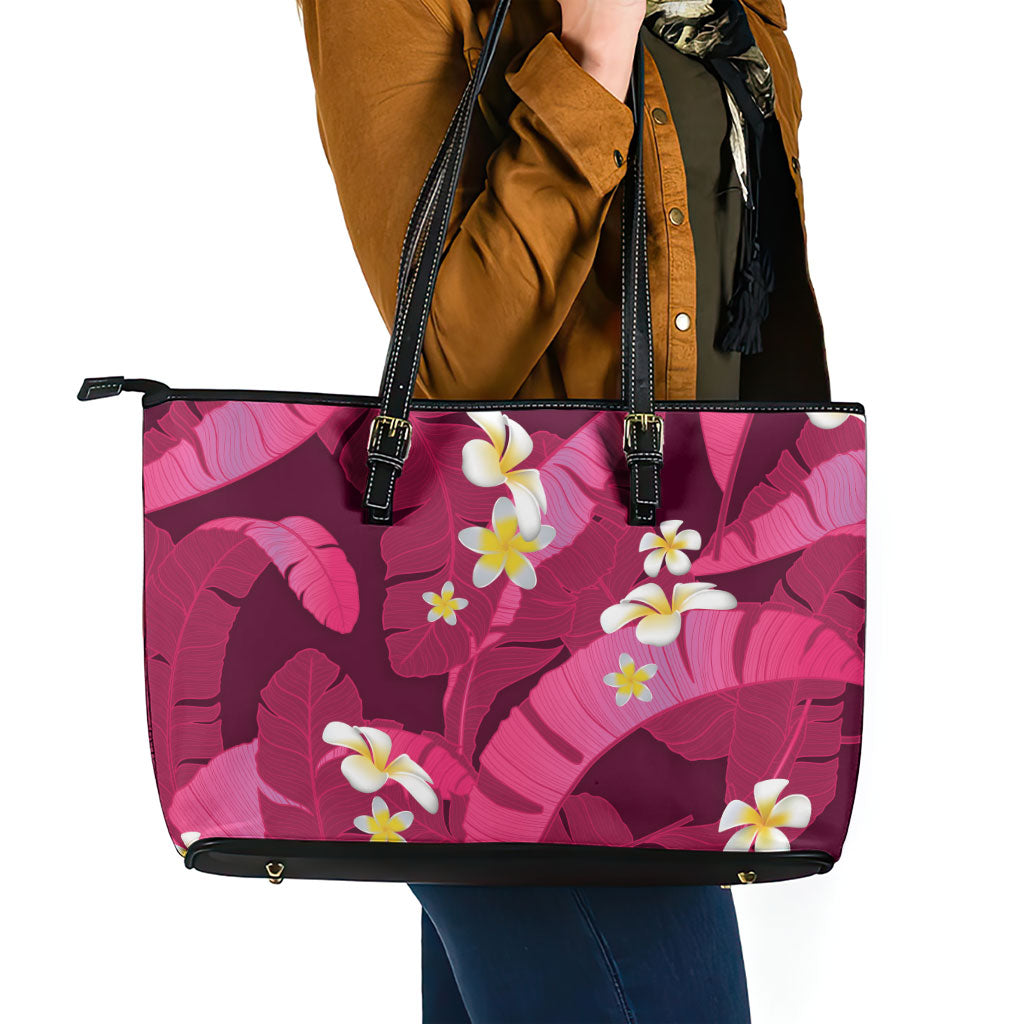 Pink Banana Leaf Hawaii Leather Tote Bag Lau Maia Plumeria Tropical Summer Vibes