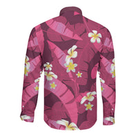 Pink Banana Leaf Hawaii Long Sleeve Button Shirt Lau Maia Plumeria Tropical Summer Vibes