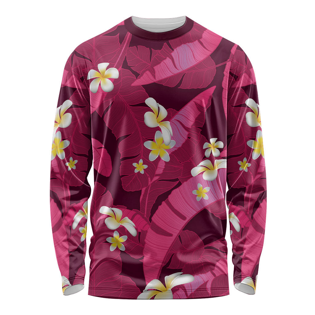 Pink Banana Leaf Hawaii Long Sleeve Shirt Lau Maia Plumeria Tropical Summer Vibes