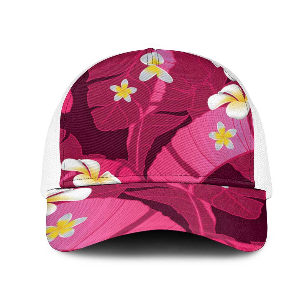 Pink Banana Leaf Hawaii Mesh Trucker Cap Lau Maia Plumeria Tropical Summer Vibes LT14 One Size White Pink - Polynesian Pride