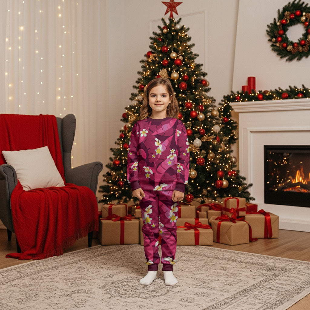 Pink Banana Leaf Hawaii Christmas Pajama Set Lau Maia Plumeria Tropical Summer Vibes LT14 Kid Pink - Polynesian Pride