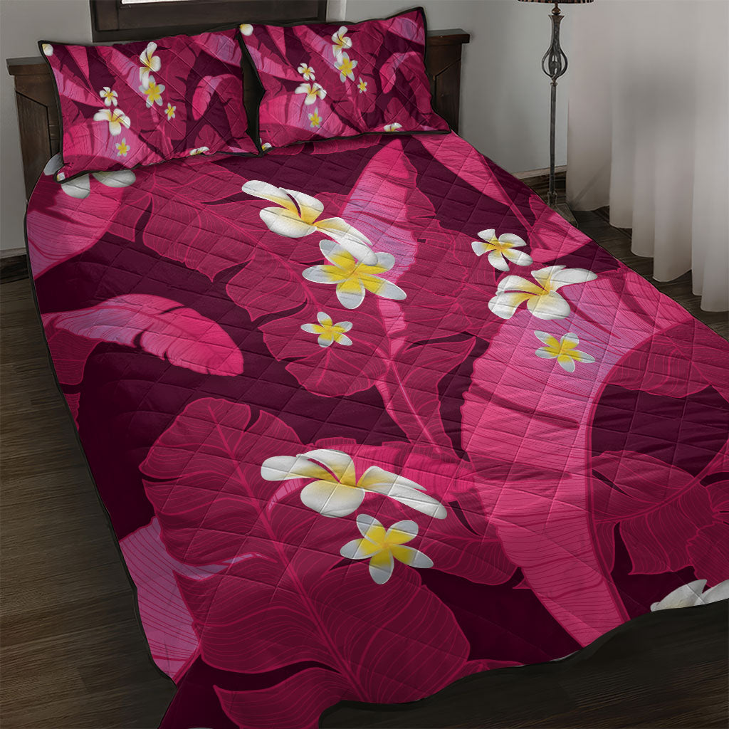 Pink Banana Leaf Hawaii Quilt Bed Set Lau Maia Plumeria Tropical Summer Vibes