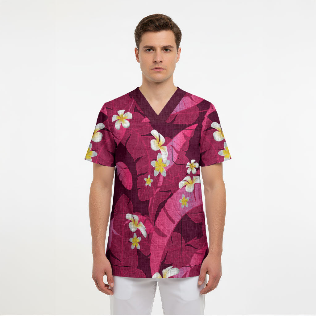 Pink Banana Leaf Hawaii Scrub Top Lau Maia Plumeria Tropical Summer Vibes