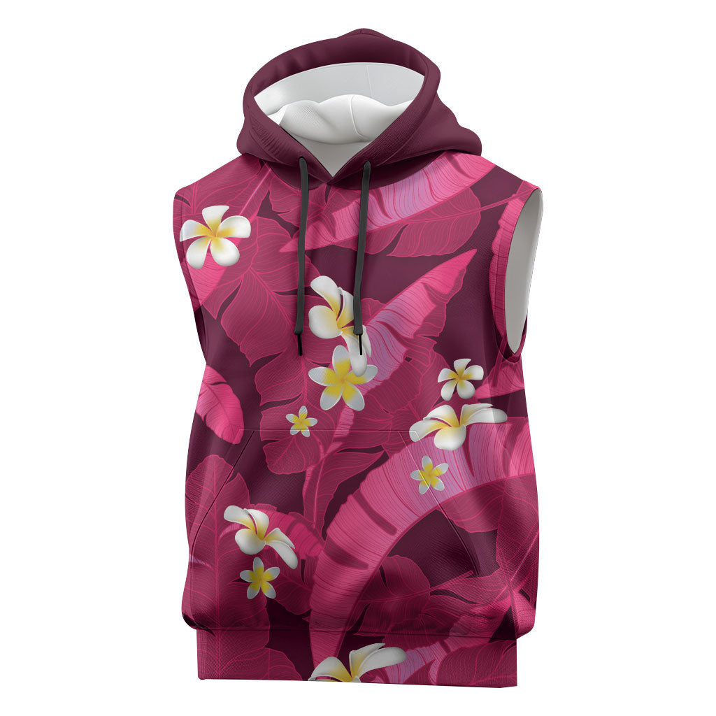 Pink Banana Leaf Hawaii Sleeveless Hoodie Lau Maia Plumeria Tropical Summer Vibes