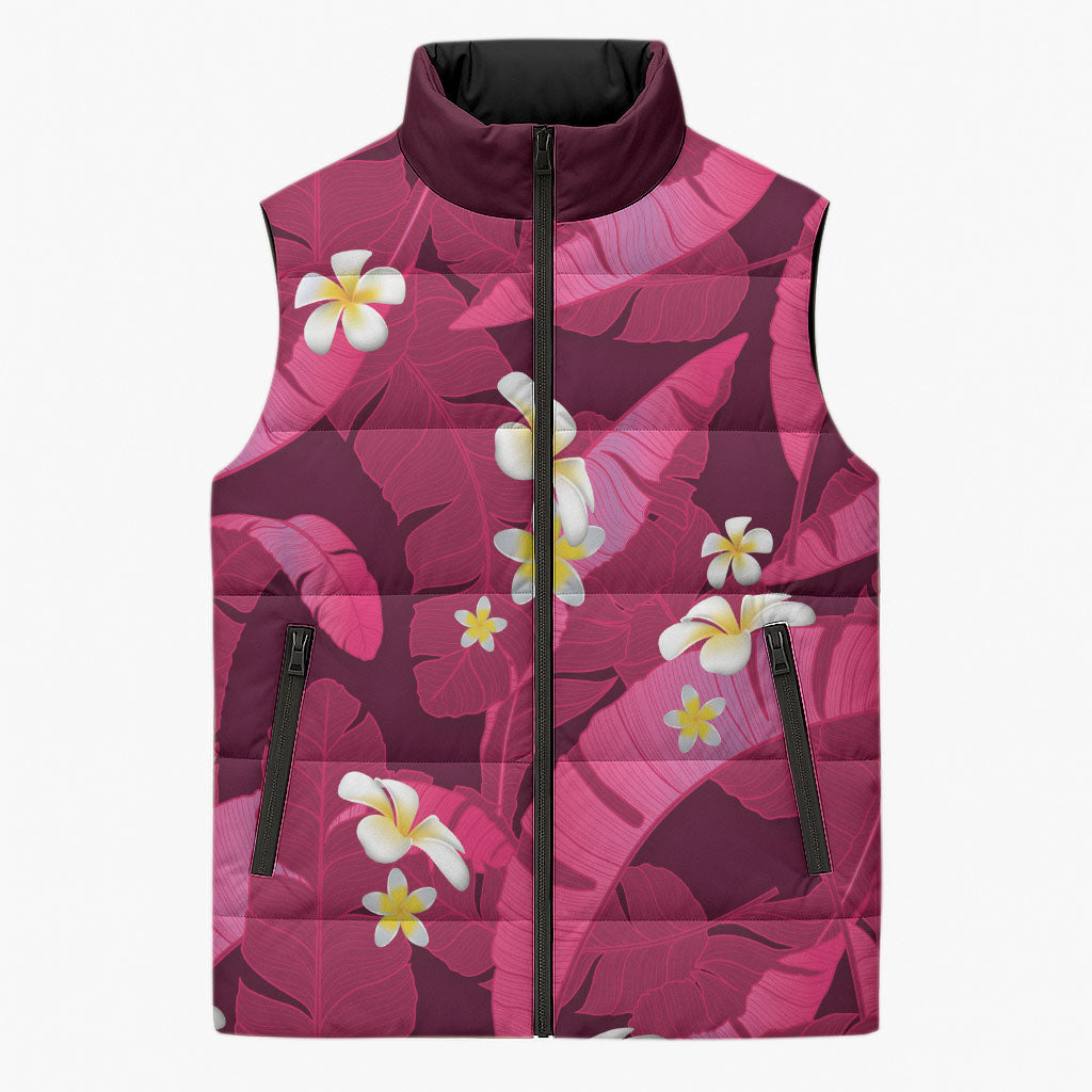 Pink Banana Leaf Hawaii Sleeveless Puffer Jacket Lau Maia Plumeria Tropical Summer Vibes