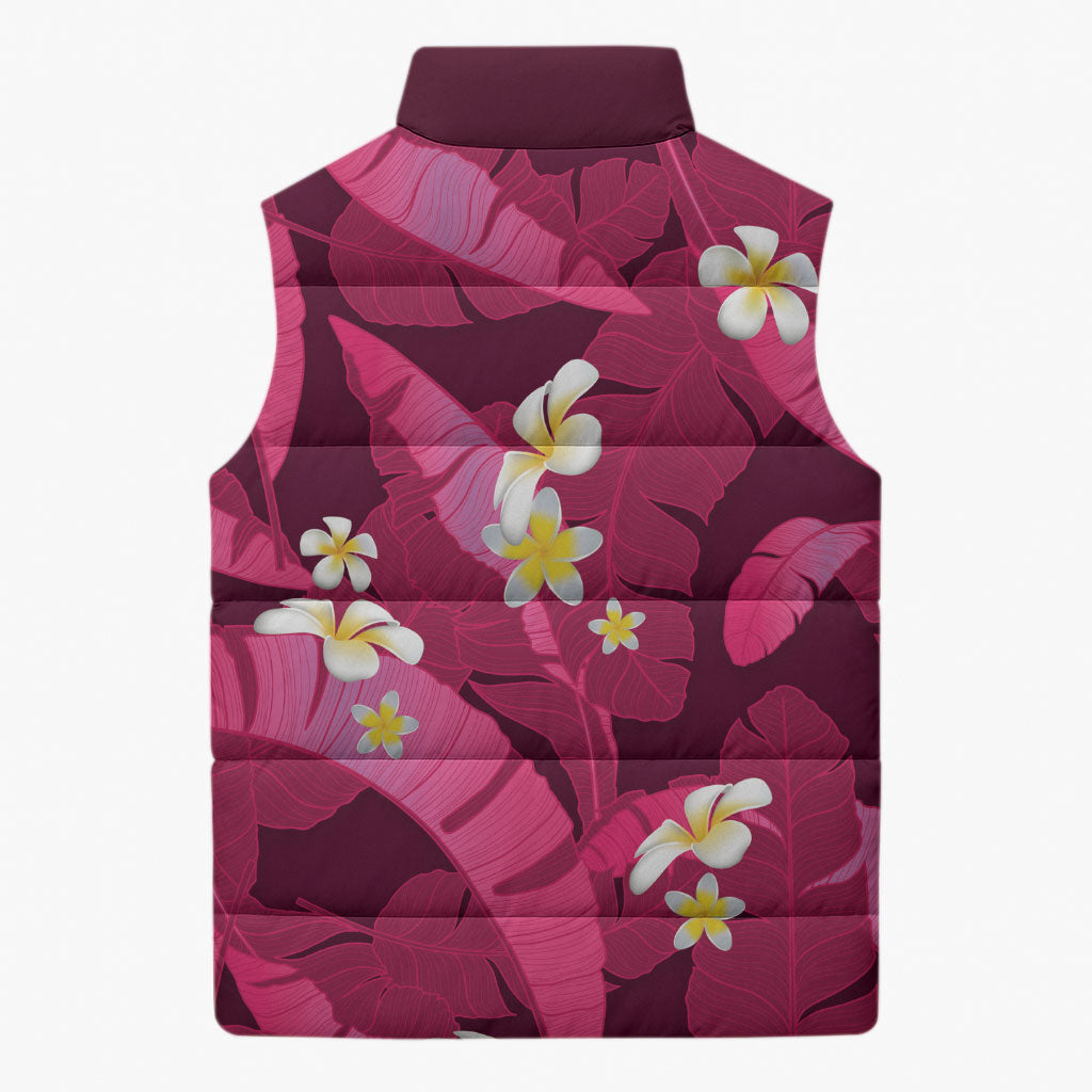 Pink Banana Leaf Hawaii Sleeveless Puffer Jacket Lau Maia Plumeria Tropical Summer Vibes