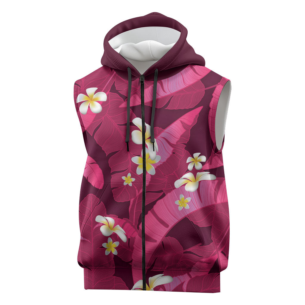 Pink Banana Leaf Hawaii Sleeveless Zip Hoodie Lau Maia Plumeria Tropical Summer Vibes