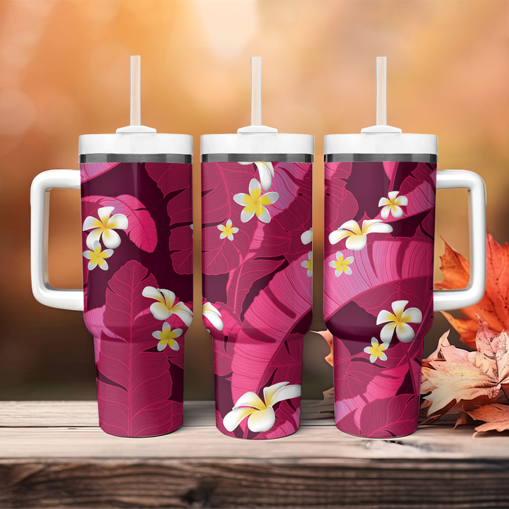 Pink Banana Leaf Hawaii Tumbler With Handle Lau Maia Plumeria Tropical Summer Vibes