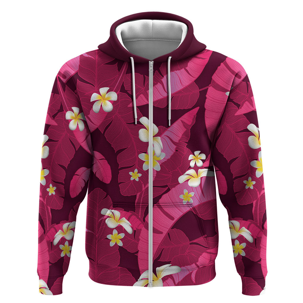 Pink Banana Leaf Hawaii Zip Hoodie Lau Maia Plumeria Tropical Summer Vibes