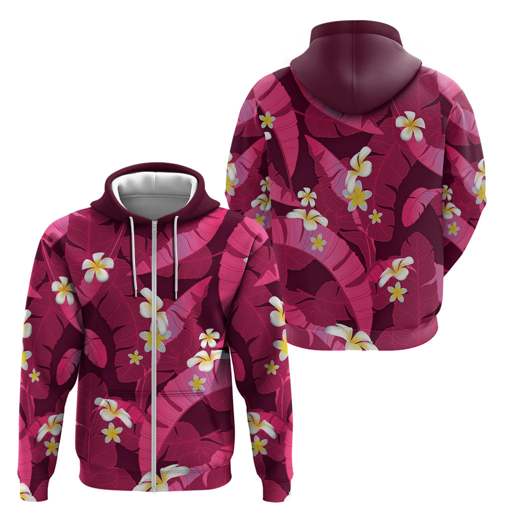 Pink Banana Leaf Hawaii Zip Hoodie Lau Maia Plumeria Tropical Summer Vibes