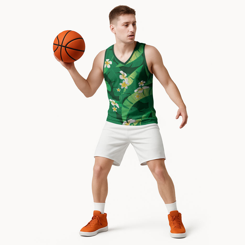 Green Banana Leaf Hawaii Basketball Jersey Lau Maia Plumeria Tropical Summer Vibes