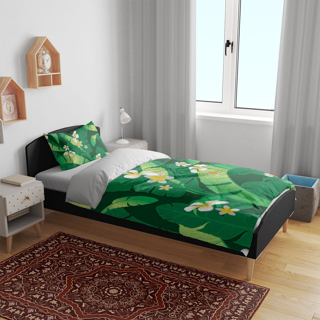 Green Banana Leaf Hawaii Bedding Set Lau Maia Plumeria Tropical Summer Vibes