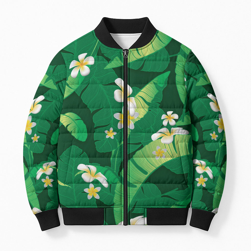 Green Banana Leaf Hawaii Bomber Puffer Jacket Lau Maia Plumeria Tropical Summer Vibes