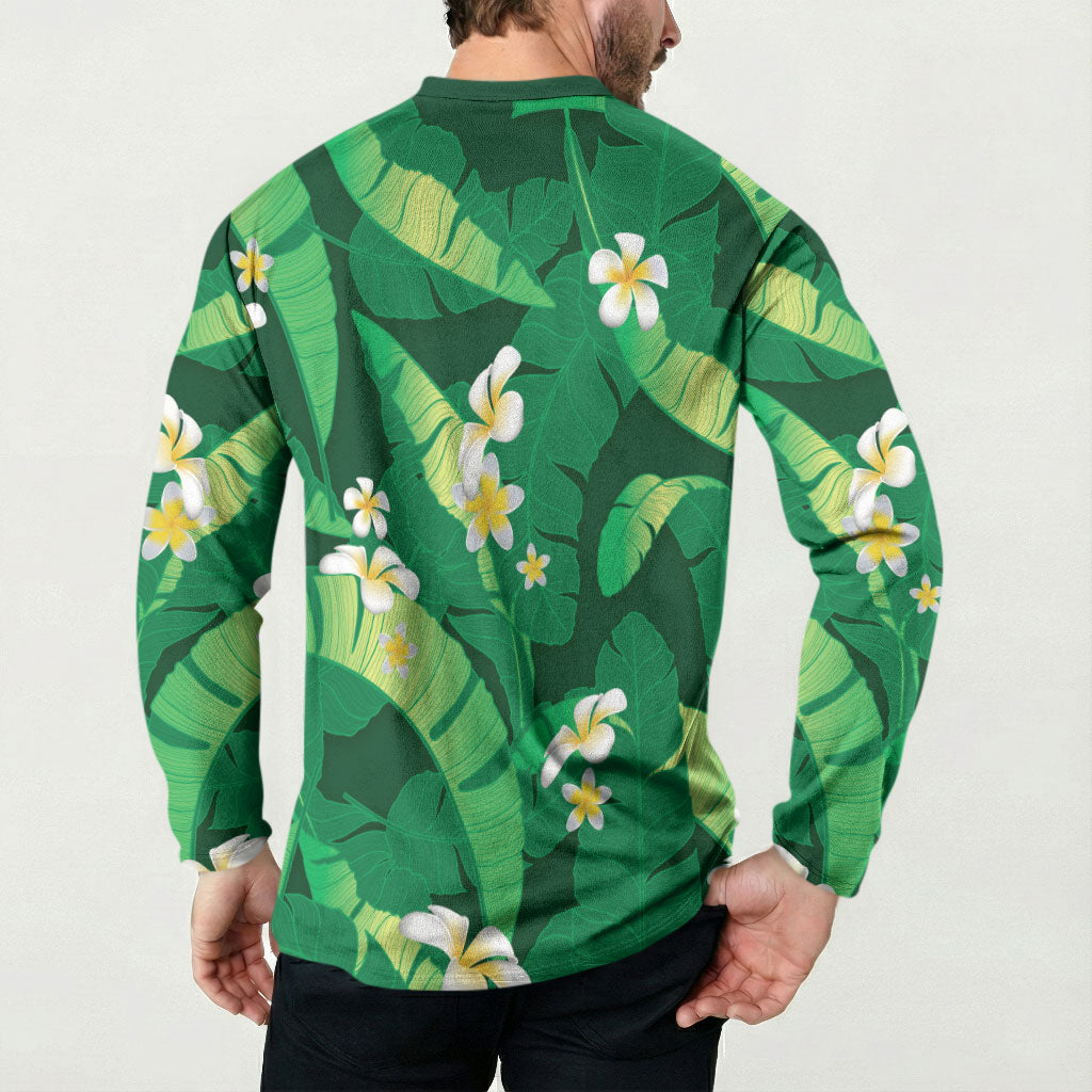 Green Banana Leaf Hawaii Button Sweatshirt Lau Maia Plumeria Tropical Summer Vibes