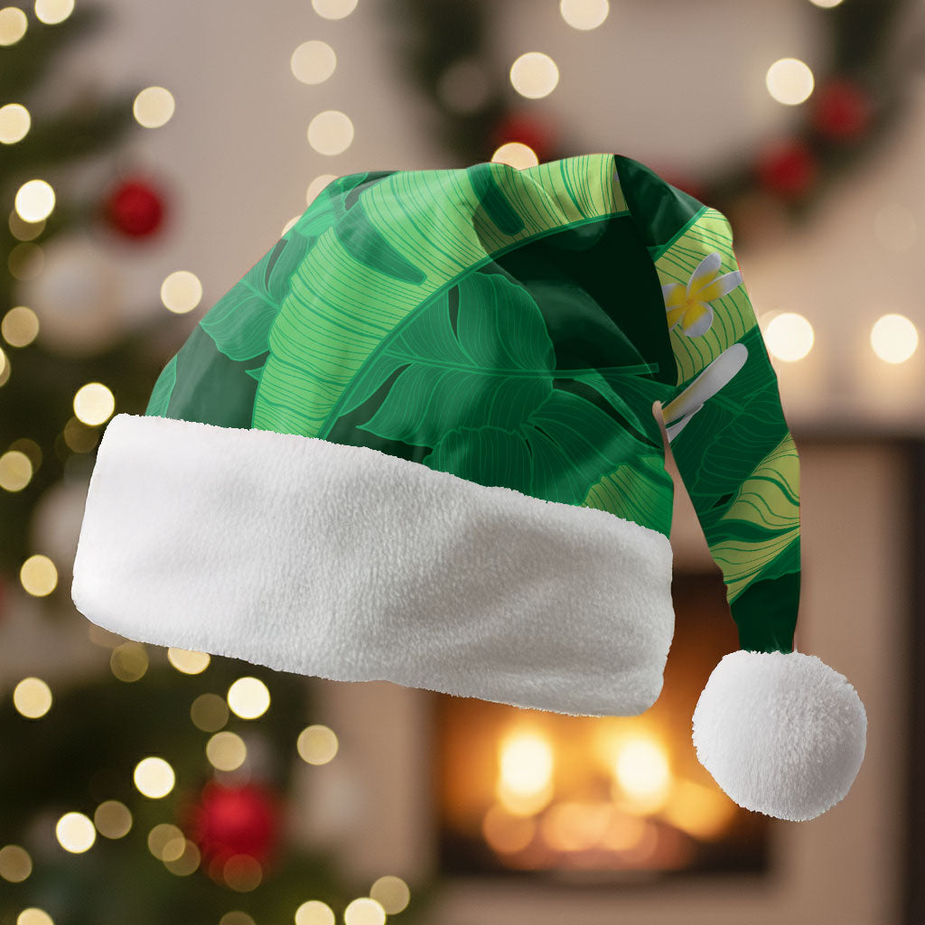 Green Banana Leaf Hawaii Christmas Santa Hat Lau Maia Plumeria Tropical Summer Vibes LT14 Without Fur Green - Polynesian Pride