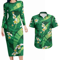 Green Banana Leaf Hawaii Couples Matching Long Sleeve Bodycon Dress and Hawaiian Shirt Lau Maia Plumeria Tropical Summer Vibes