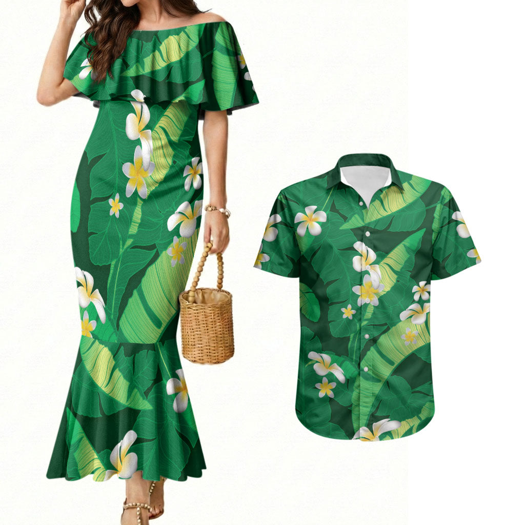 Green Banana Leaf Hawaii Couples Matching Mermaid Dress and Hawaiian Shirt Lau Maia Plumeria Tropical Summer Vibes