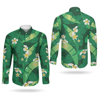 Green Banana Leaf Hawaii Couples Matching Mermaid Dress and Long Sleeve Button Shirt Lau Maia Plumeria Tropical Summer Vibes