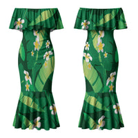 Green Banana Leaf Hawaii Couples Matching Mermaid Dress and Long Sleeve Button Shirt Lau Maia Plumeria Tropical Summer Vibes