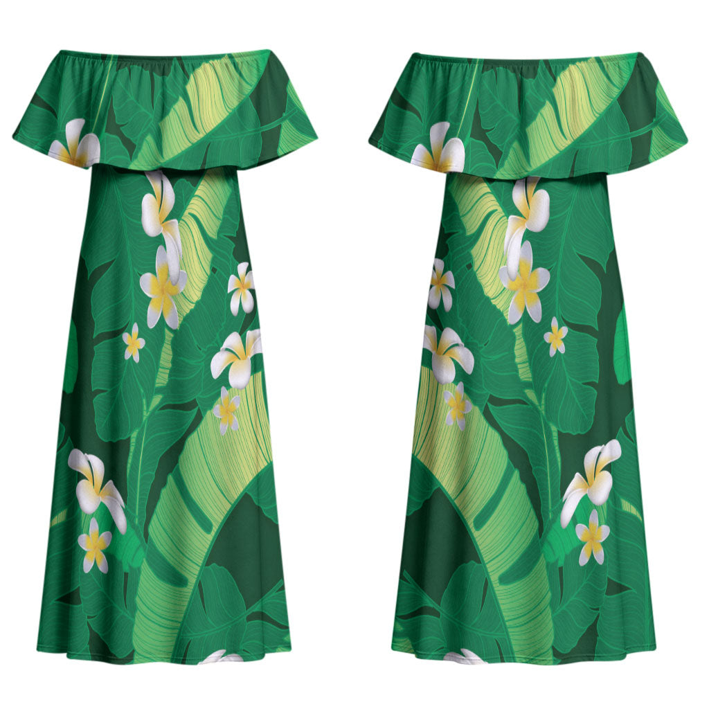 Green Banana Leaf Hawaii Couples Matching Off Shoulder Maxi Dress and Hawaiian Shirt Lau Maia Plumeria Tropical Summer Vibes