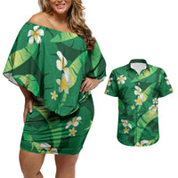 Green Banana Leaf Hawaii Couples Matching Off Shoulder Short Dress and Hawaiian Shirt Lau Maia Plumeria Tropical Summer Vibes