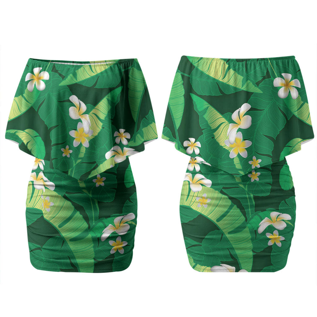 Green Banana Leaf Hawaii Couples Matching Off Shoulder Short Dress and Hawaiian Shirt Lau Maia Plumeria Tropical Summer Vibes
