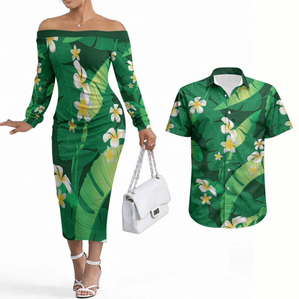 Green Banana Leaf Hawaii Couples Matching Off The Shoulder Long Sleeve Dress and Hawaiian Shirt Lau Maia Plumeria Tropical Summer Vibes
