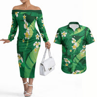 Green Banana Leaf Hawaii Couples Matching Off The Shoulder Long Sleeve Dress and Hawaiian Shirt Lau Maia Plumeria Tropical Summer Vibes