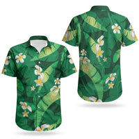 Green Banana Leaf Hawaii Couples Matching Puletasi and Hawaiian Shirt Lau Maia Plumeria Tropical Summer Vibes