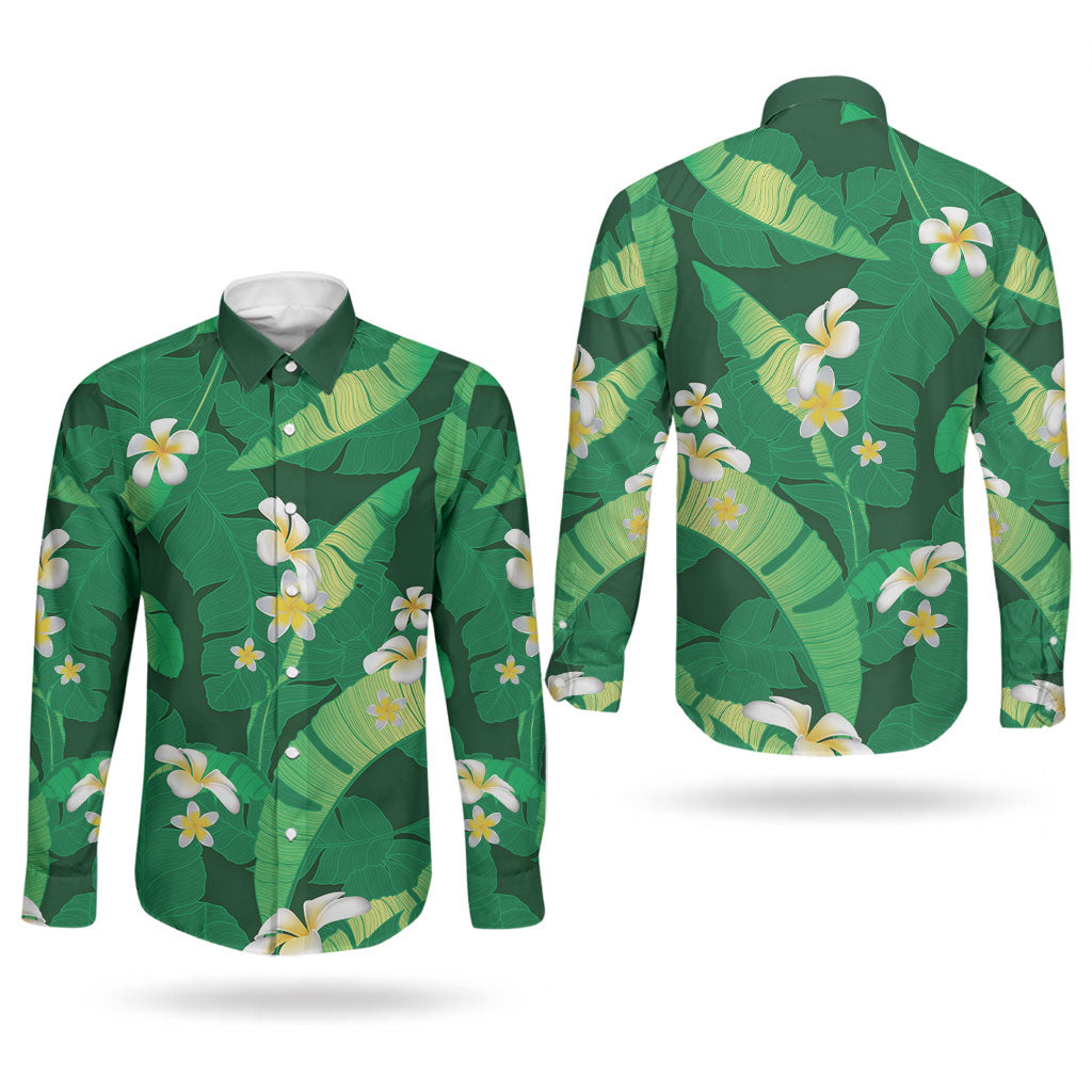 Green Banana Leaf Hawaii Couples Matching Short Sleeve Bodycon Dress and Long Sleeve Button Shirt Lau Maia Plumeria Tropical Summer Vibes