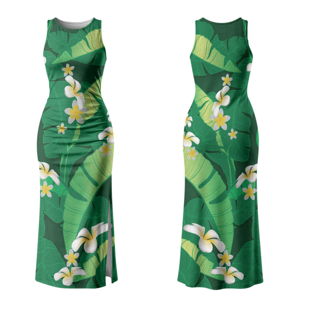 Green Banana Leaf Hawaii Couples Matching Tank Maxi Dress and Long Sleeve Button Shirt Lau Maia Plumeria Tropical Summer Vibes