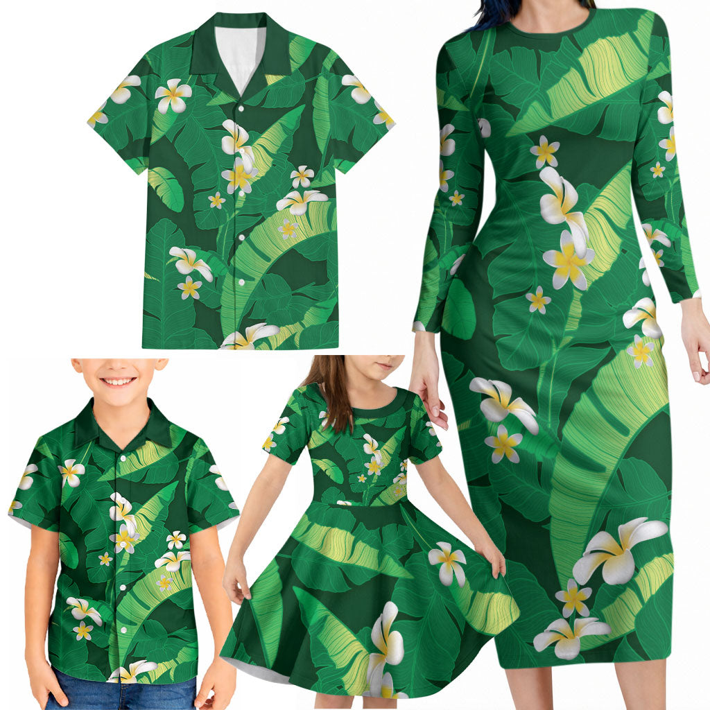 Green Banana Leaf Hawaii Family Matching Long Sleeve Bodycon Dress and Hawaiian Shirt Lau Maia Plumeria Tropical Summer Vibes LT14 - Polynesian Pride