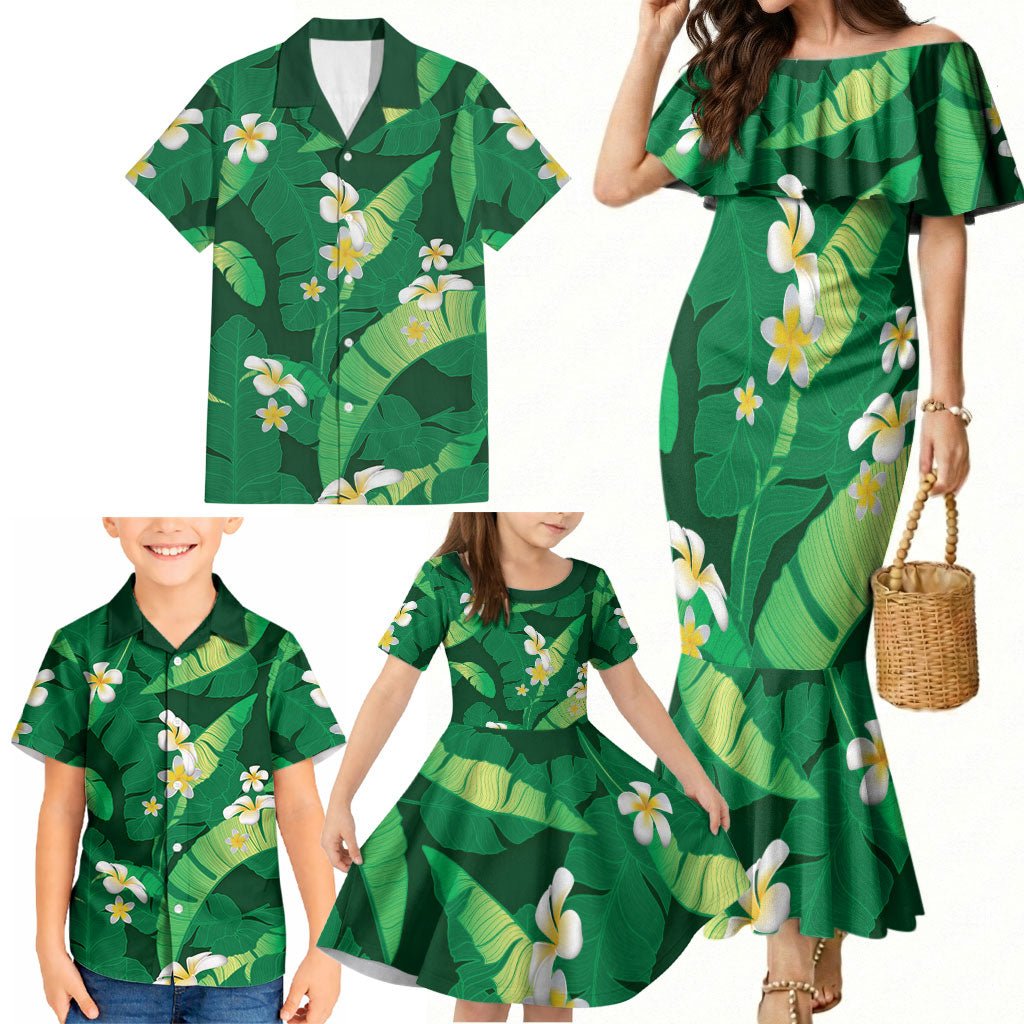 Green Banana Leaf Hawaii Family Matching Mermaid Dress and Hawaiian Shirt Lau Maia Plumeria Tropical Summer Vibes