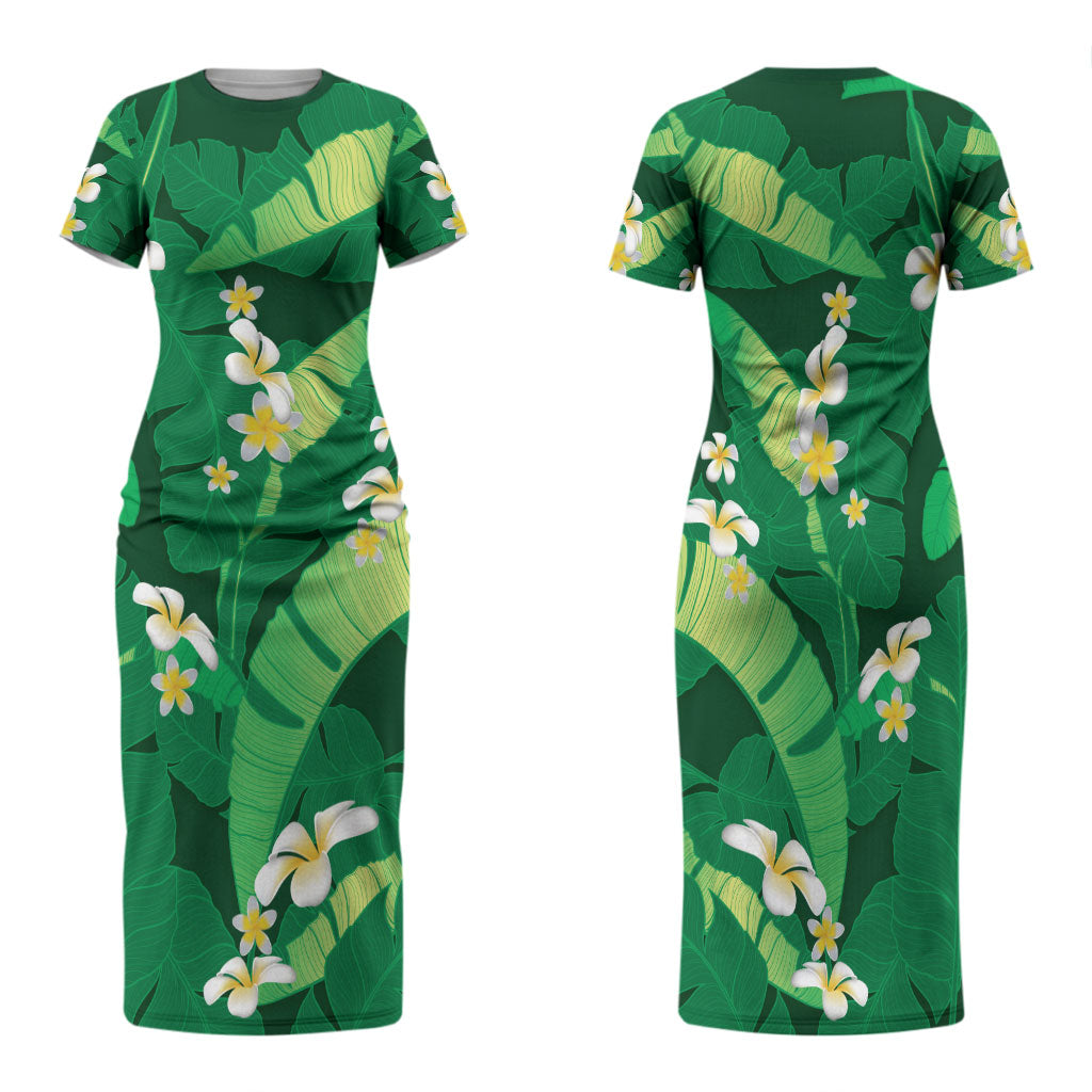 Green Banana Leaf Hawaii Family Matching Short Sleeve Bodycon Dress and Hawaiian Shirt Lau Maia Plumeria Tropical Summer Vibes