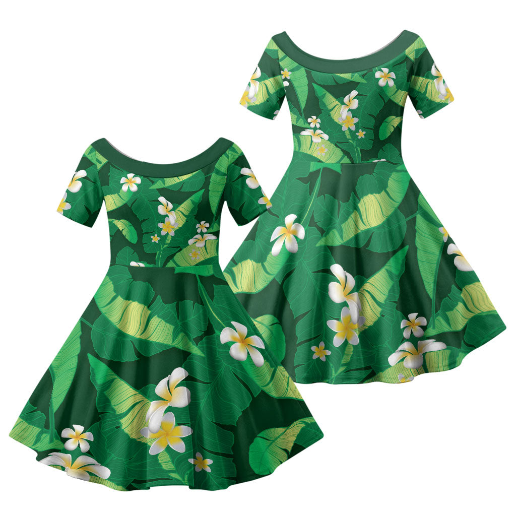 Green Banana Leaf Hawaii Family Matching Summer Maxi Dress and Hawaiian Shirt Lau Maia Plumeria Tropical Summer Vibes