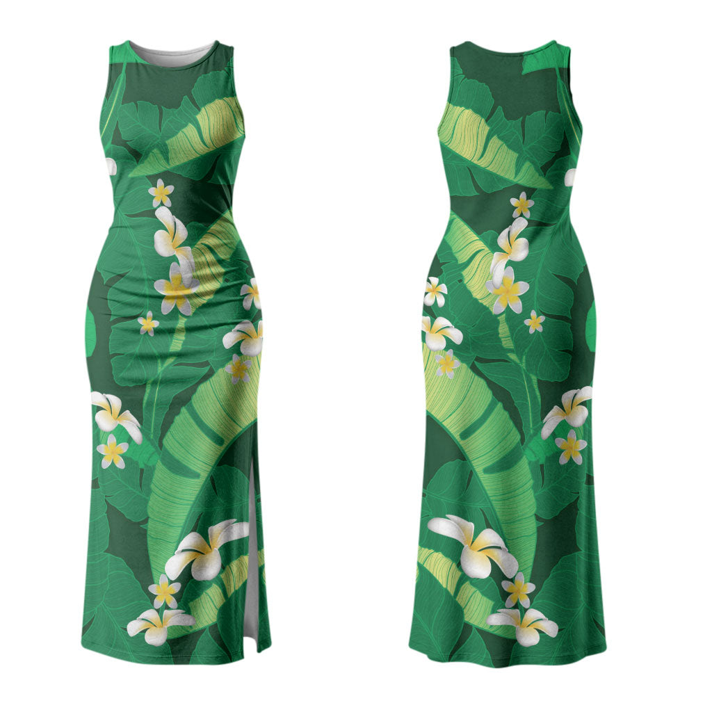 Green Banana Leaf Hawaii Family Matching Tank Maxi Dress and Hawaiian Shirt Lau Maia Plumeria Tropical Summer Vibes