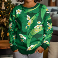 Green Banana Leaf Hawaii Kid Ugly Christmas Sweater Lau Maia Plumeria Tropical Summer Vibes LT14 - Polynesian Pride