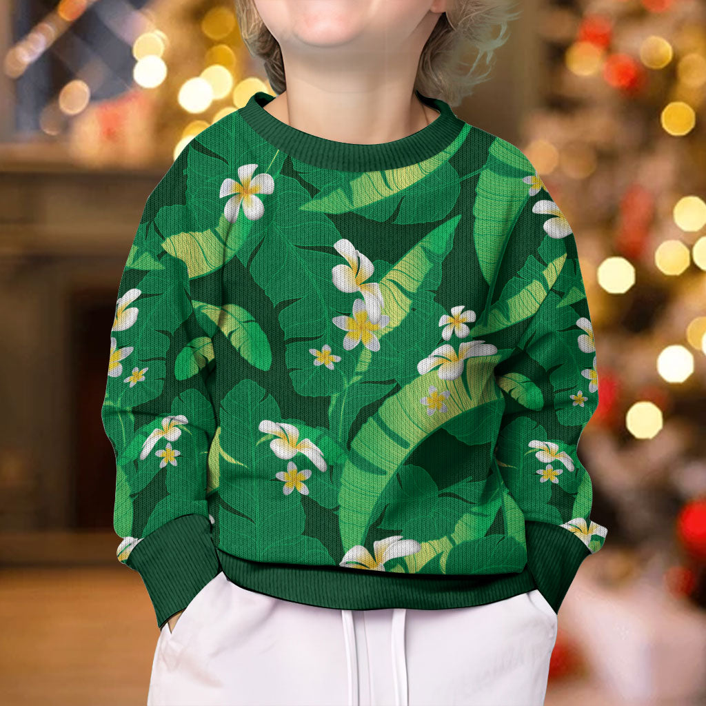 Green Banana Leaf Hawaii Kid Ugly Christmas Sweater Lau Maia Plumeria Tropical Summer Vibes LT14 - Polynesian Pride