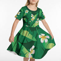 Green Banana Leaf Hawaii Kid Short Sleeve Dress Lau Maia Plumeria Tropical Summer Vibes