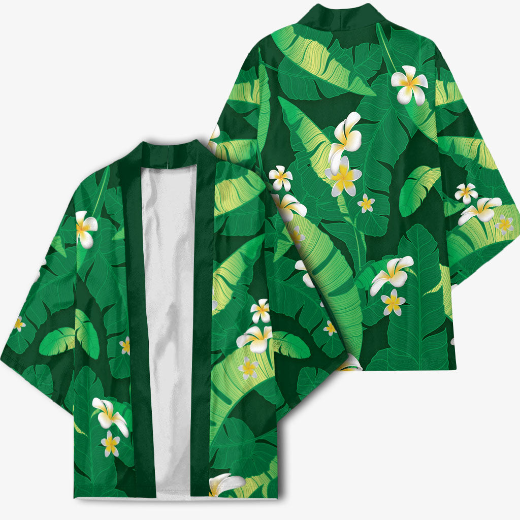 Green Banana Leaf Hawaii Kimono Lau Maia Plumeria Tropical Summer Vibes