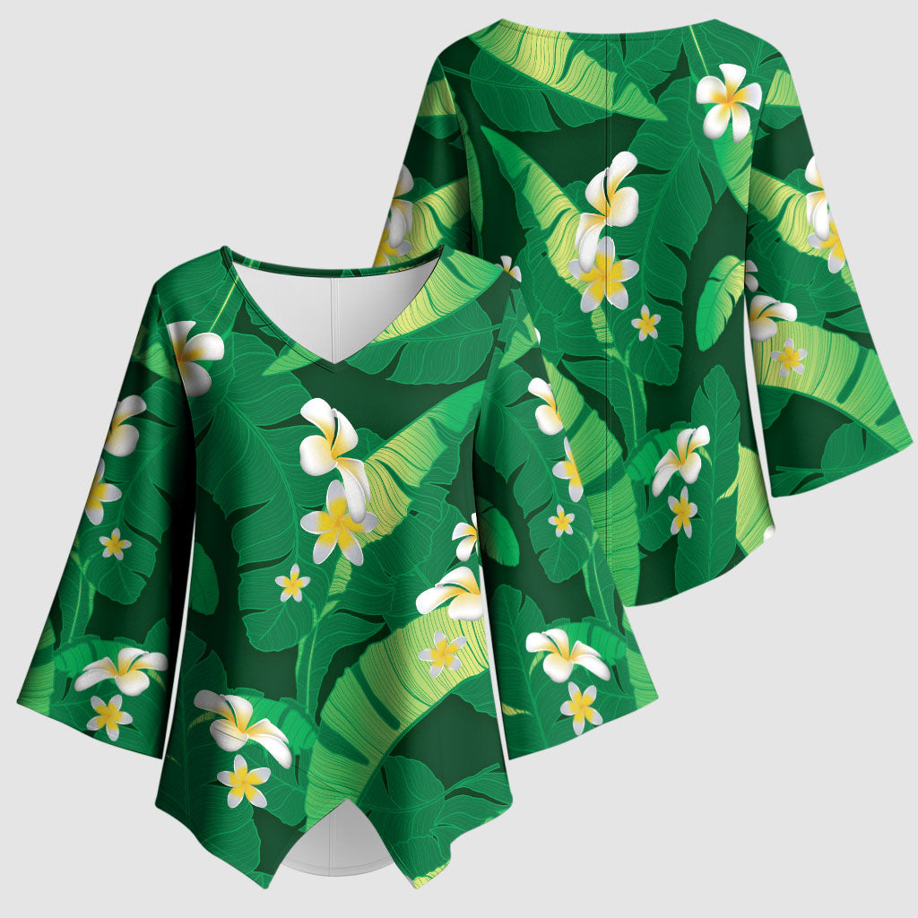 Green Banana Leaf Hawaii Kimono Sleeve Blouse Lau Maia Plumeria Tropical Summer Vibes