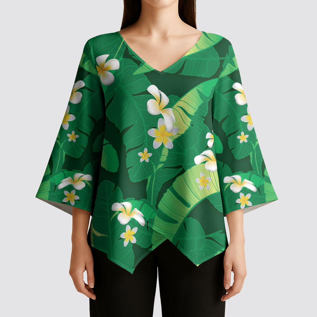 Green Banana Leaf Hawaii Kimono Sleeve Blouse Lau Maia Plumeria Tropical Summer Vibes
