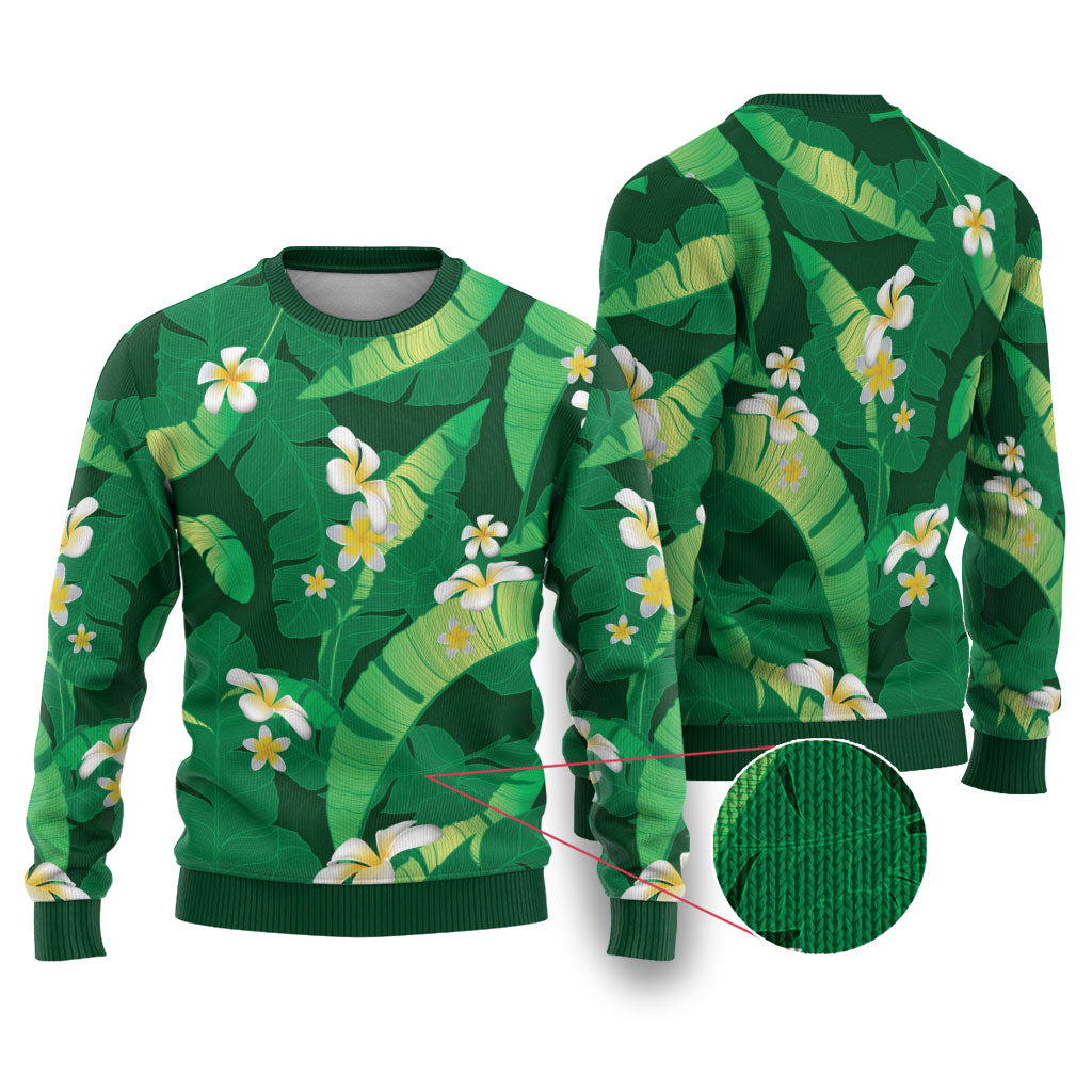 Green Banana Leaf Hawaii Ugly Christmas Sweater Lau Maia Plumeria Tropical Summer Vibes LT14 Green - Polynesian Pride