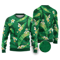 Green Banana Leaf Hawaii Ugly Christmas Sweater Lau Maia Plumeria Tropical Summer Vibes LT14 Green - Polynesian Pride