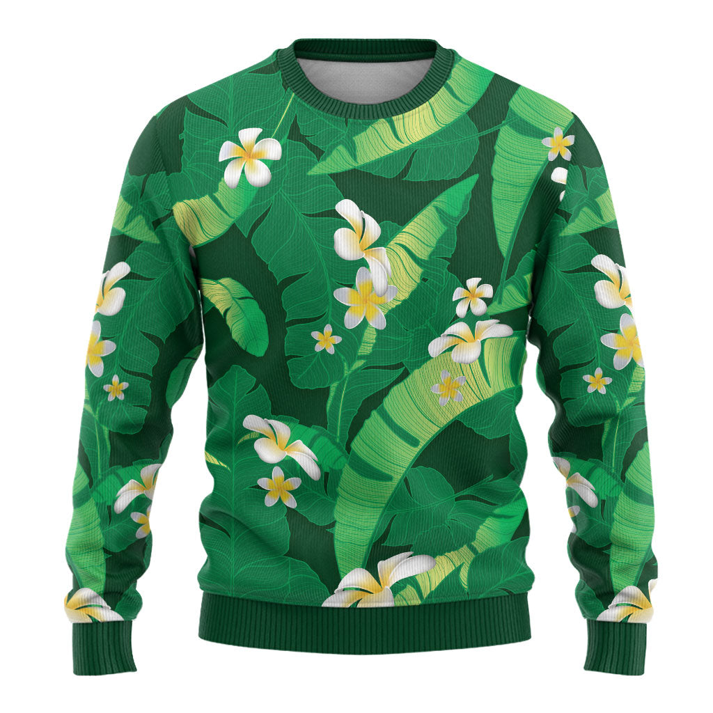 Green Banana Leaf Hawaii Ugly Christmas Sweater Lau Maia Plumeria Tropical Summer Vibes LT14 - Polynesian Pride