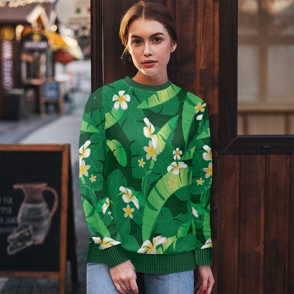 Green Banana Leaf Hawaii Ugly Christmas Sweater Lau Maia Plumeria Tropical Summer Vibes LT14 - Polynesian Pride