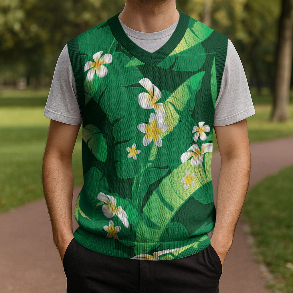 Green Banana Leaf Hawaii Christmas Knitted V-Neck Vest Lau Maia Plumeria Tropical Summer Vibes LT14 - Polynesian Pride