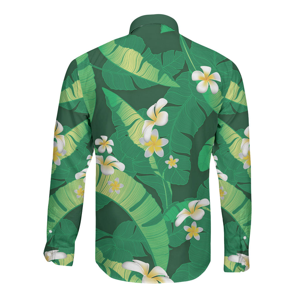 Green Banana Leaf Hawaii Long Sleeve Button Shirt Lau Maia Plumeria Tropical Summer Vibes
